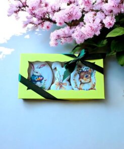 Dekoruotų Velykinių meduolių rinkinys geltonoje dėžutėje 21x11 cm. zuikiai