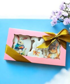 Dekoruotų Velykinių meduolių rinkinys rožinėje dėžutėje 21x11 cm. zuikiai