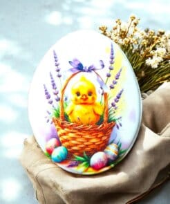 Velykinis meduolis „Viščiukas levandų krepšelyje“ (10,5 × 8,5 cm)