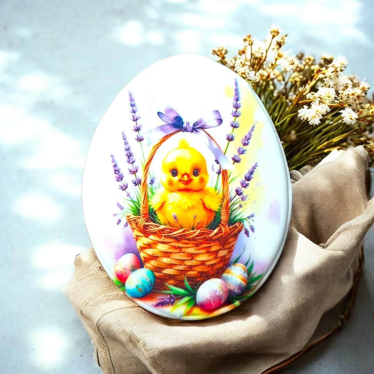 Velykinis meduolis „Viščiukas levandų krepšelyje“ (10,5 × 8,5 cm)